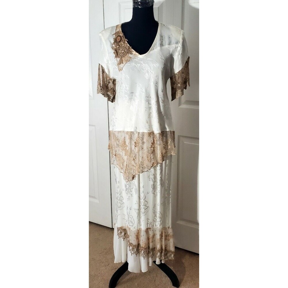 Womens VTG 2 pc Skirt Set Dressy Formal Blouse White Brown lace Midi Skirt Sz 4